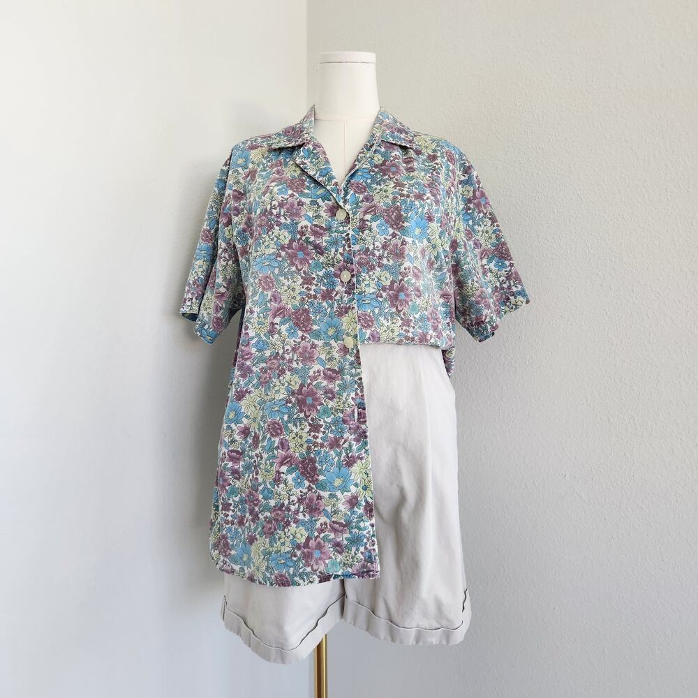 Vintage 90s Bobbie Brooks Blue Purple Floral Button Up Collared Shirt Women's XL